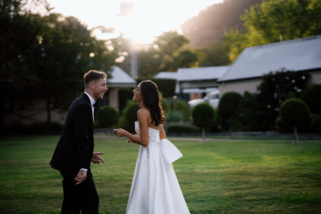 Outdoor wedding ceremony venue golden hour photos at Flowerdale Estate, Victoria, wedding photography by Alegria Photo and Film.